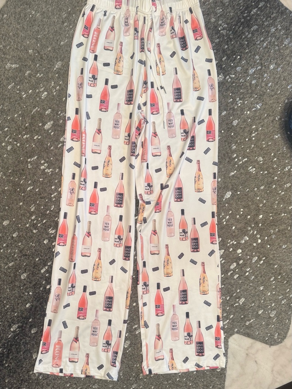 Women's Wide Leg Lounge Pants in Light Cream with Rosé Bottle Print